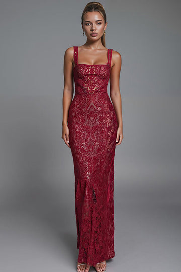 Dark Red Lace Square Neck Sheath Evening Dress